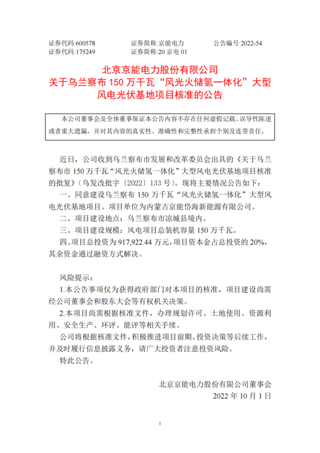 京能電力150萬千瓦“風光火儲氫”基地獲批！